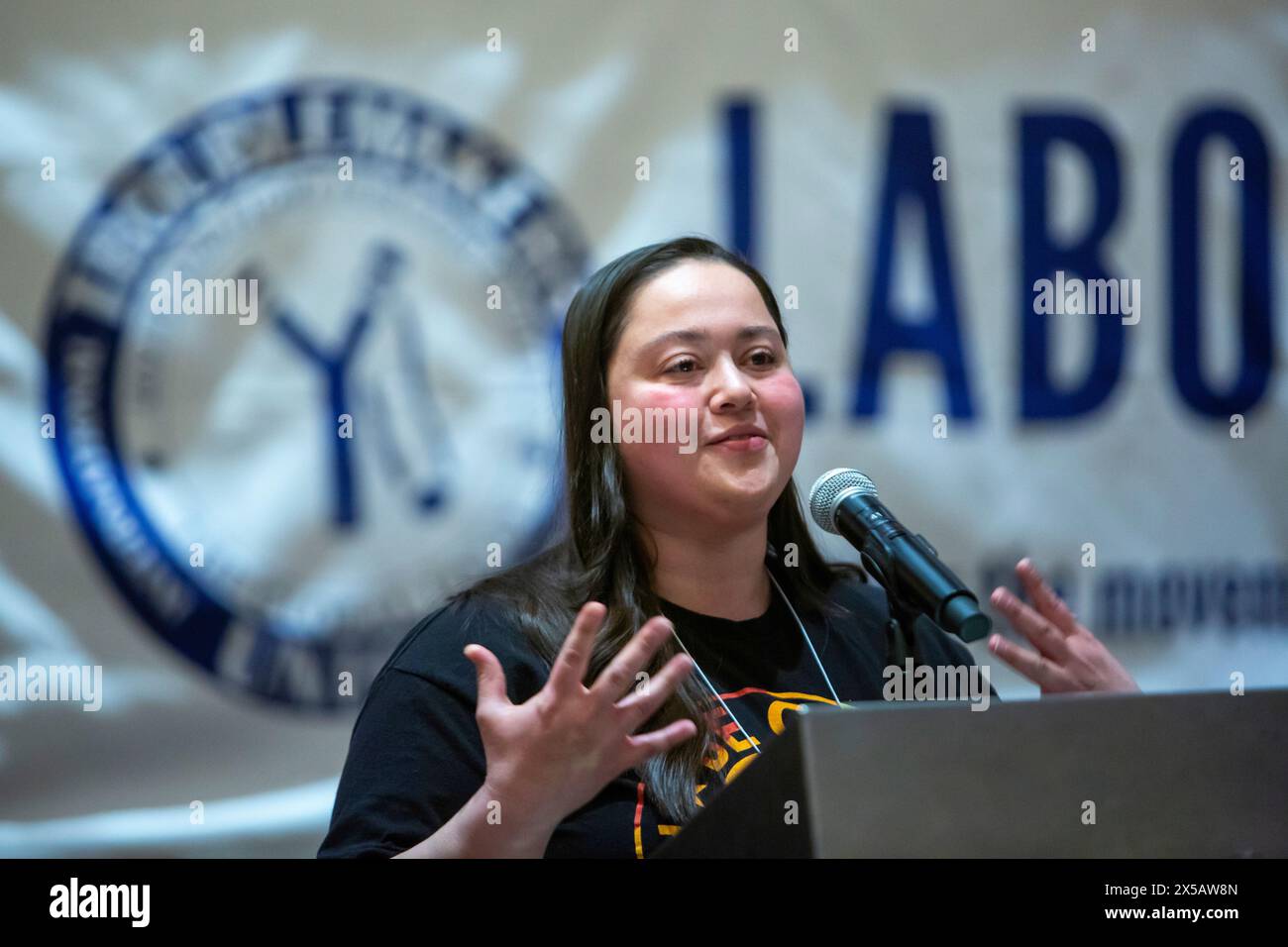 Chicago, Illinois - Amanda Rivera of Starbucks Workers United speaks at the 2024 Labor Notes conference, The conference brought together 4,700 union a Stock Photo