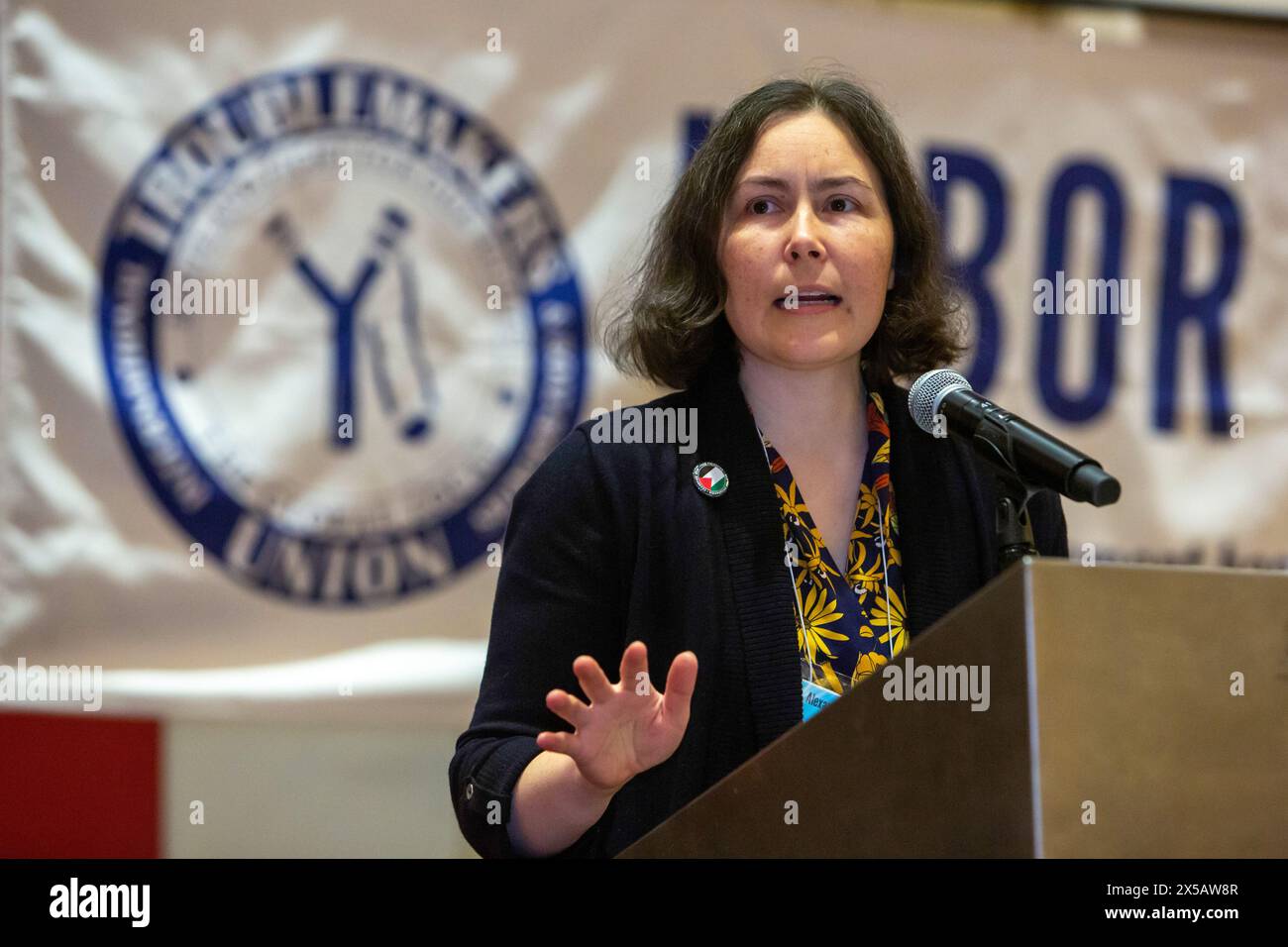 Chicago, Illinois - Labor Notes editor Alexandra Bradbury speaks at the 2024 Labor Notes conference. The conference brought together 4,700 union activ Stock Photo