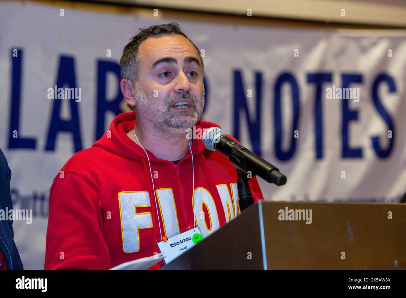 Chicago, Illinois - Michele De Palma, general secretary of the Italian metalworkers union., speaks at the 2024 Labor Notes conference. The conference Stock Photo