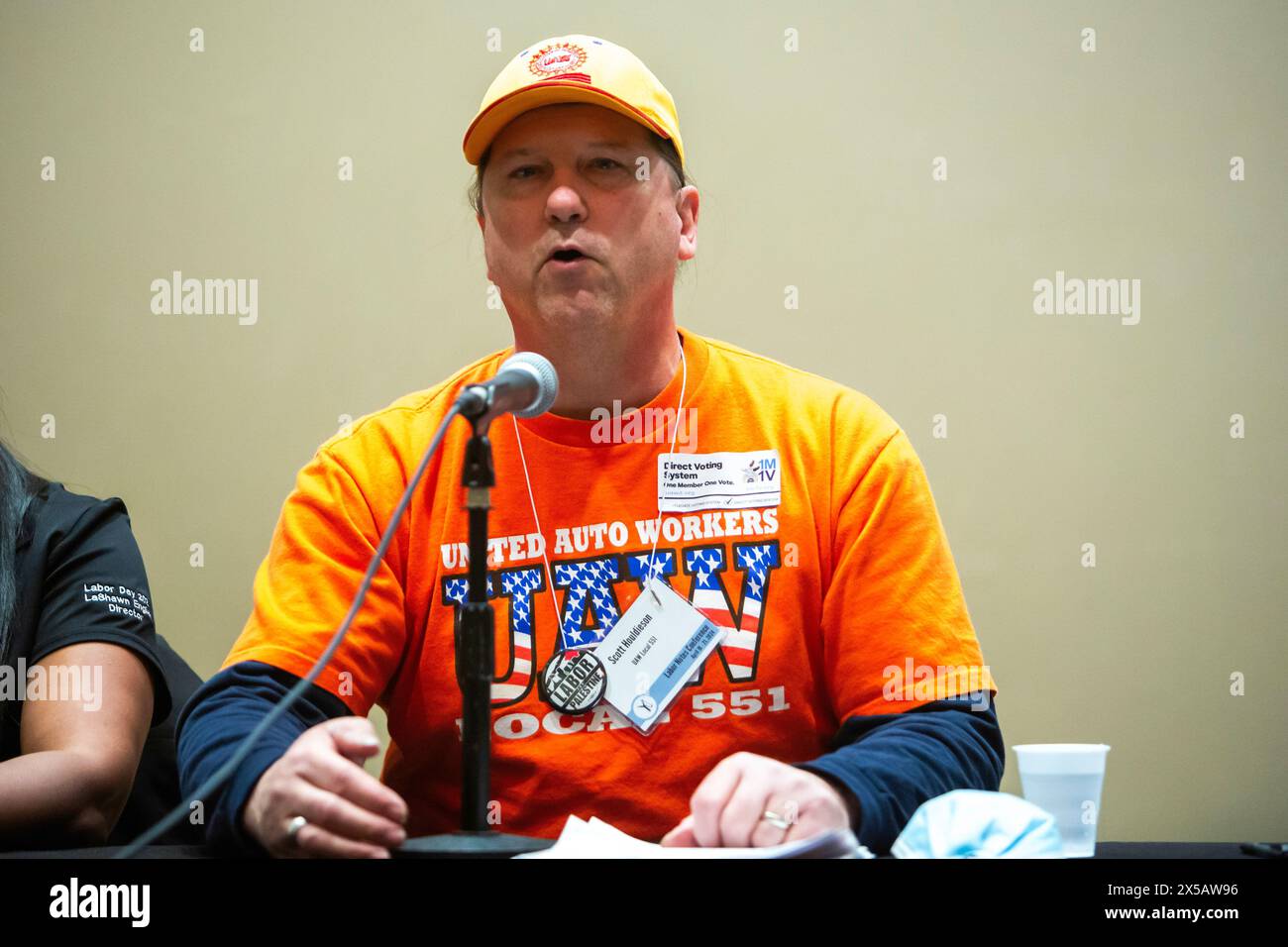 Chicago, Illinois - Scott Houldieson, a leader of Unite All Workers for Democracy (UAWD) speaks at the 2024 Labor Notes conference. UAWD is the union Stock Photo