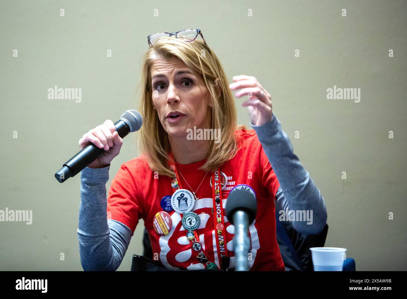 Chicago, Illinois - Sara Nelson, president of the Association of Flight Attendants-CWA, speaks at the 2024 Labor Notes conference. The conference brou Stock Photo