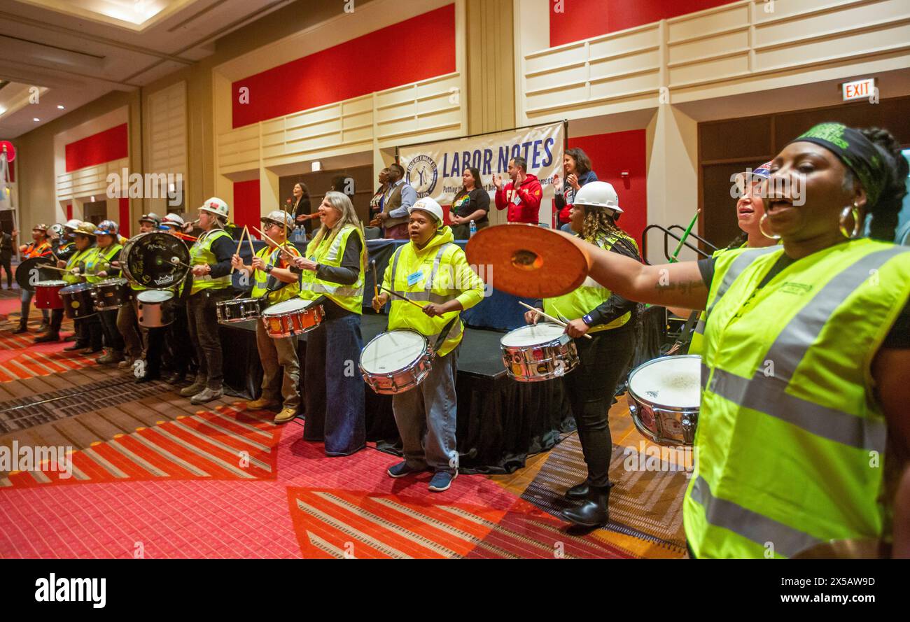 Chicago, Illinois - The Chicago Women in Trades Drumline performs at the 2024 Labor Notes conference. The conference brought together 4,700 union acti Stock Photo