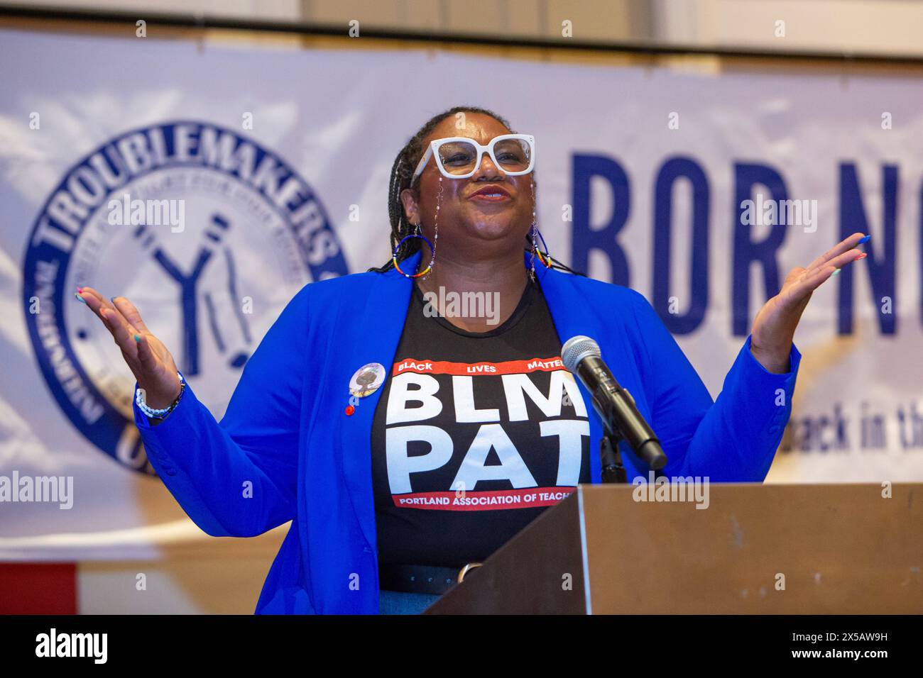 Chicago, Illinois - Angela Bonilla of the Portland Association of Teachers speaks at the 2024 Labor Notes conference, The conference brought together Stock Photo