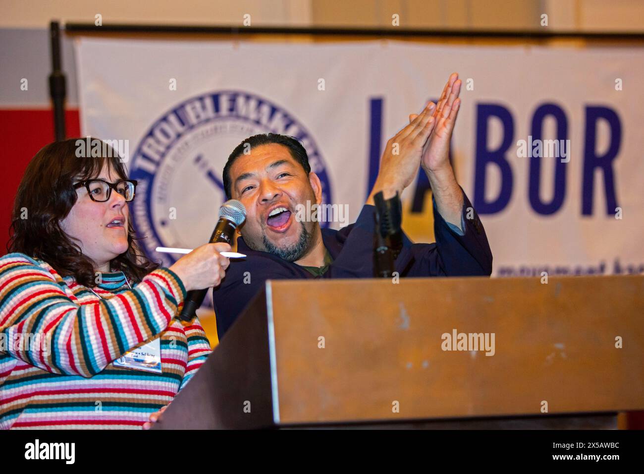 Chicago, Illinois - Pescando Justicia won a Troublemaker Award at the 2024 Labor Notes conference. Pescando Justicia is a group of immigrant workers i Stock Photo