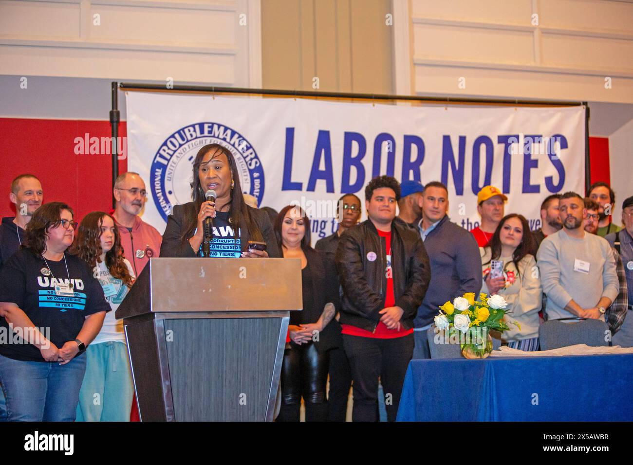 Chicago, Illinois - Leaders of the United Auto Workers' 2023 Stand-Up Strike received a Troublemaker Award at the 2024 Labor Notes conference. Accepti Stock Photo