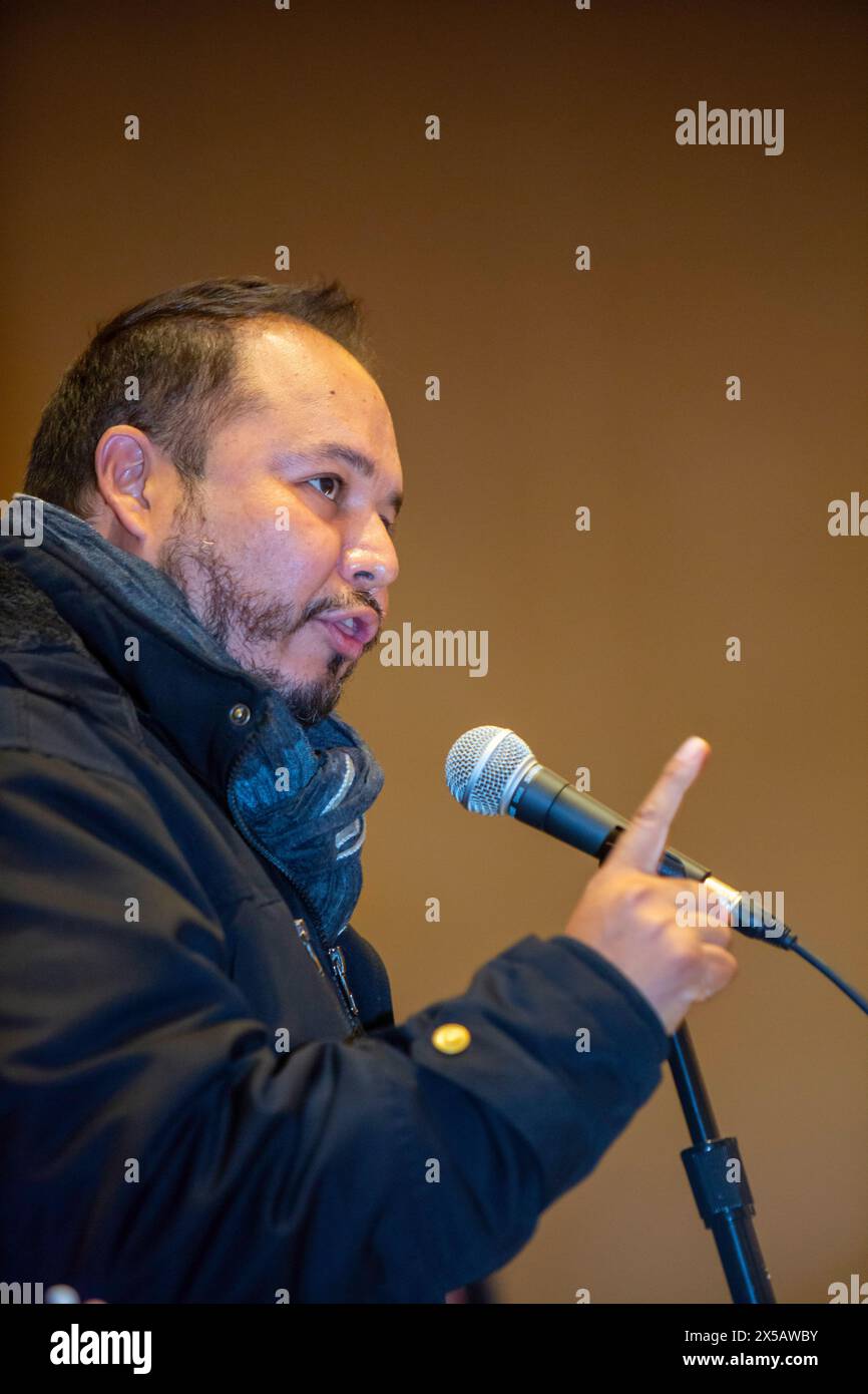 Chicago, Illinois - Cesar Orta of the Independent Union of Audi Mexico Workers (SITAUDI) speaks at the 2024 Labor Notes conference. The conference bro Stock Photo
