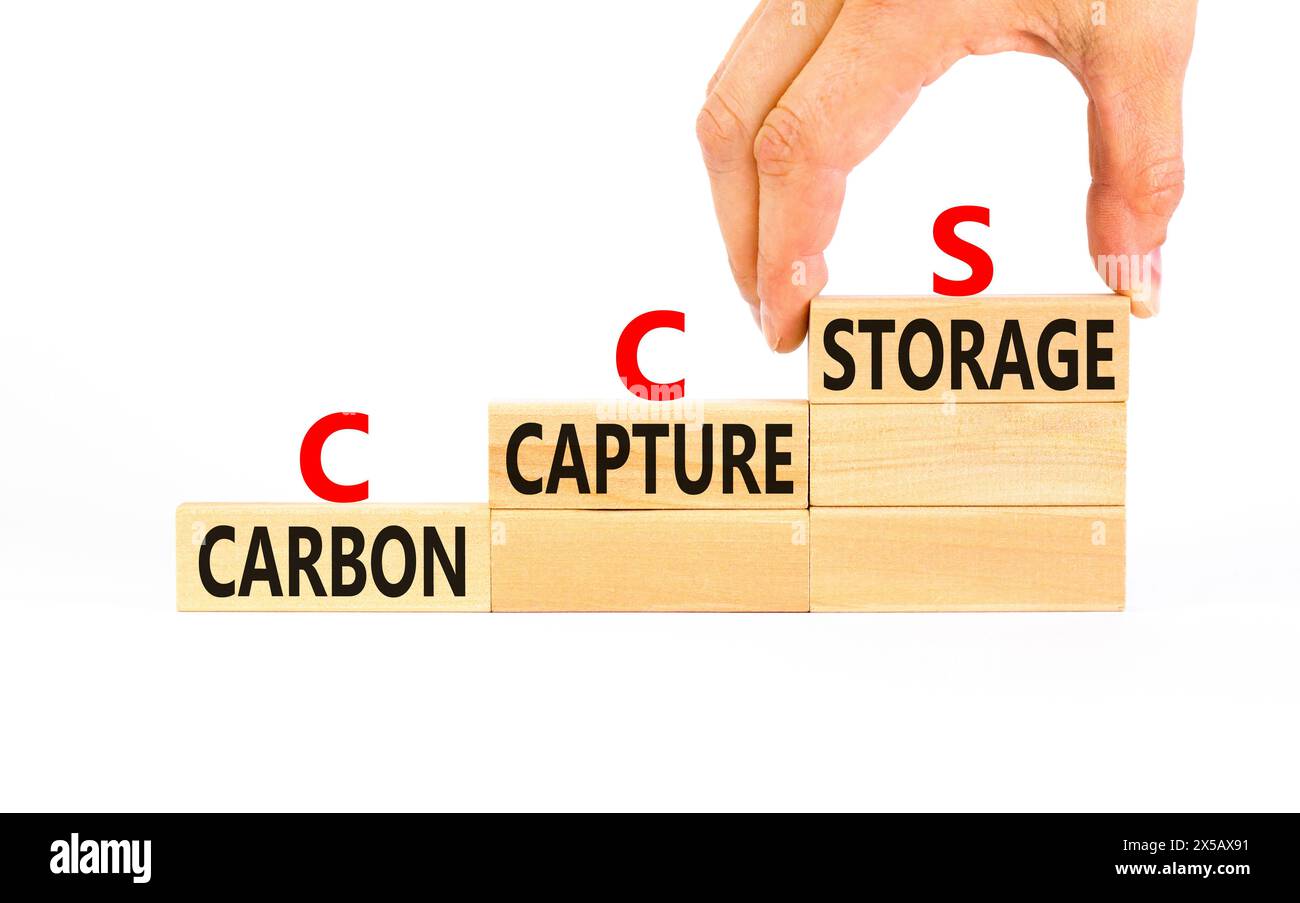 CCS Carbon capture storage symbol. Concept words CCS Carbon capture storage on beautiful wooden blocks. Beautiful white background. Business ecologica Stock Photo