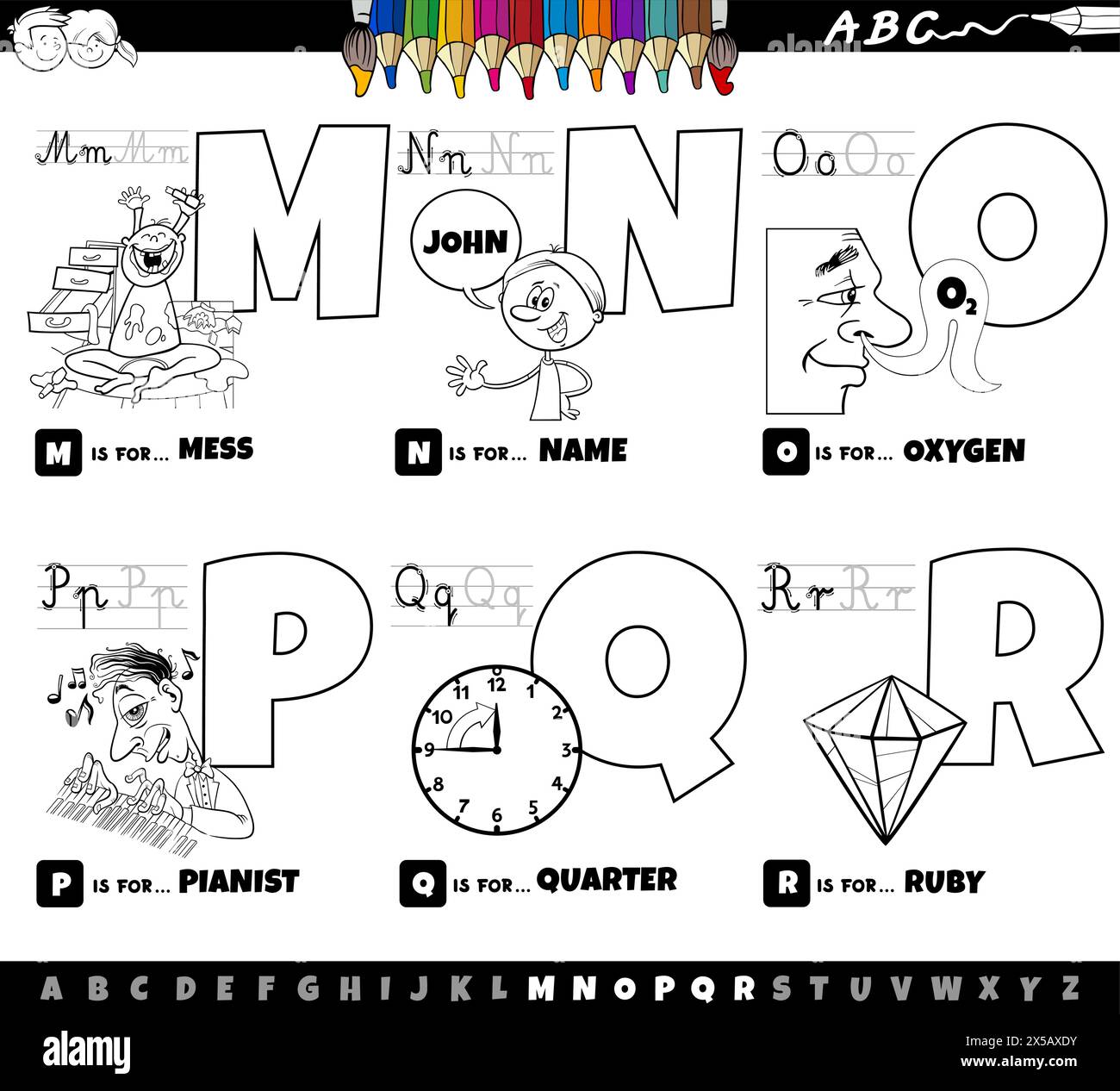 Black and white cartoon illustration of capital letters from alphabet educational set for reading and writing practise for children from M to R colori Stock Vector