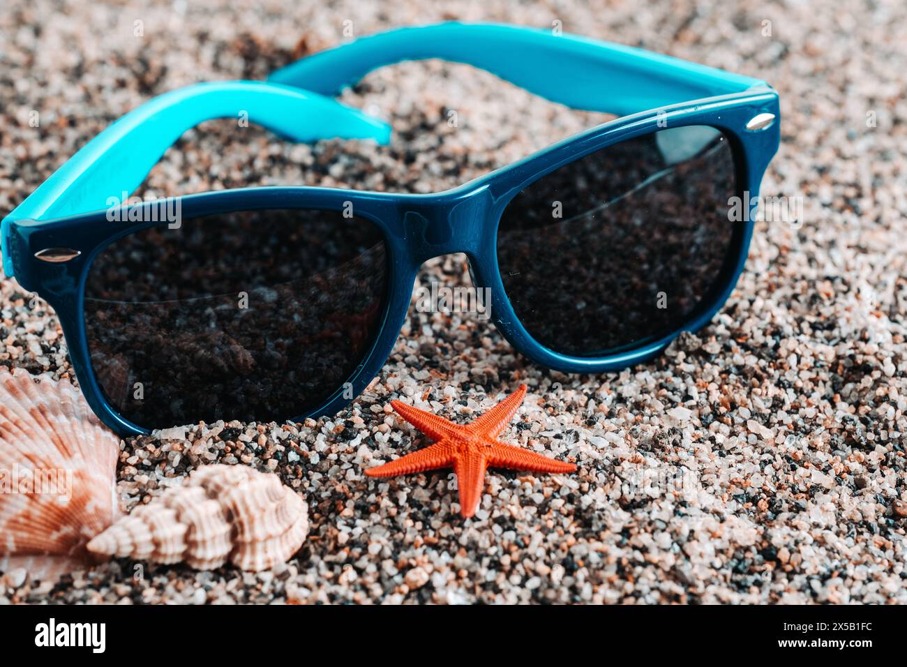 Sunglasses with starfish and seashells on sandy beach Stock Photo