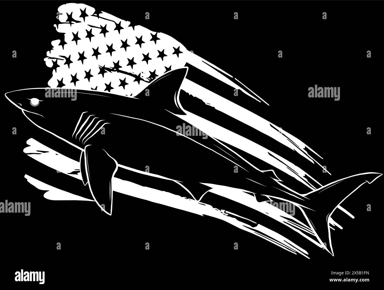 white silhouette of USA flag over Shark vector on black background Stock Vector