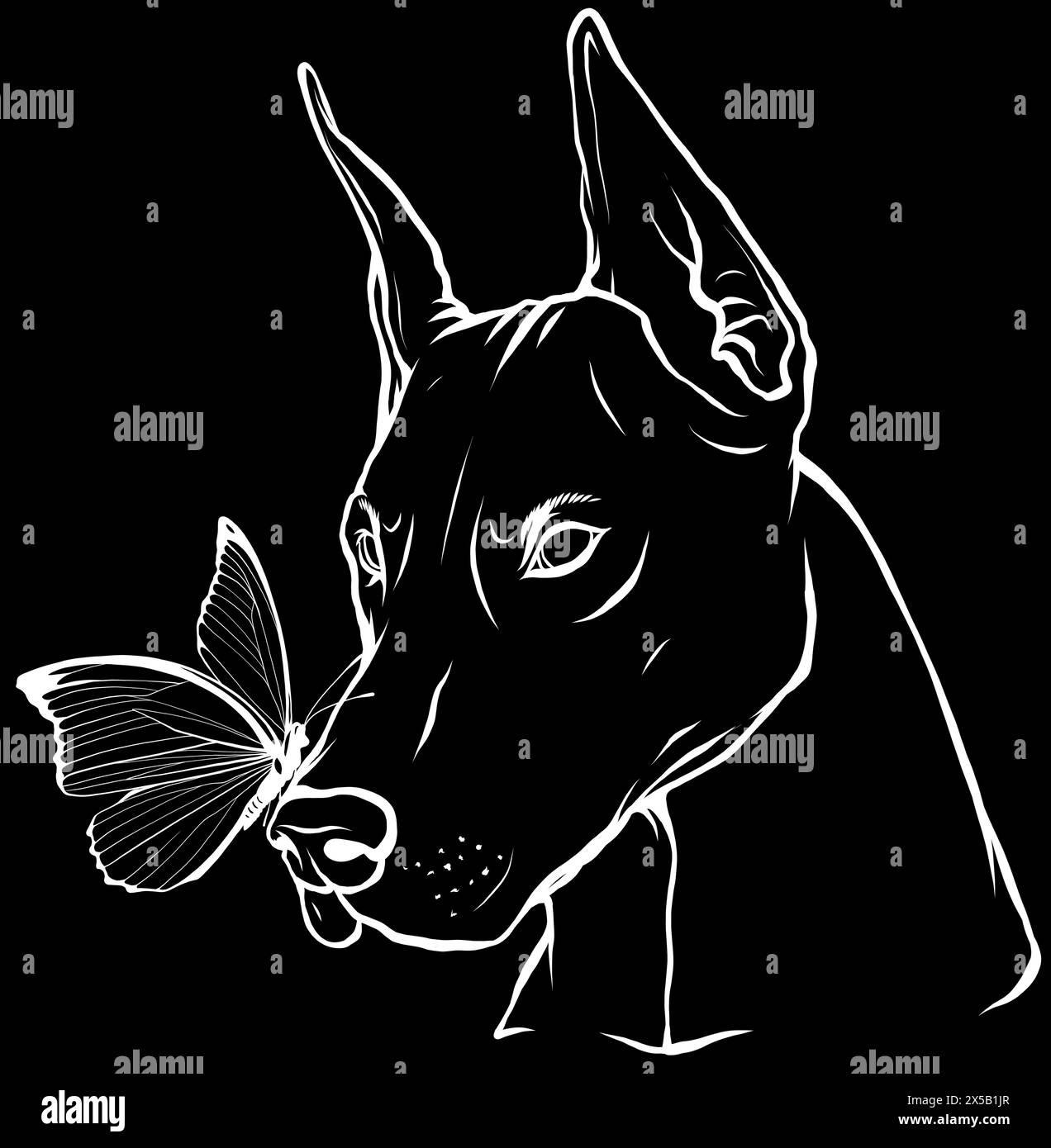 white silhouette of Dobermann dog face with butterfly vector illustration Stock Vector