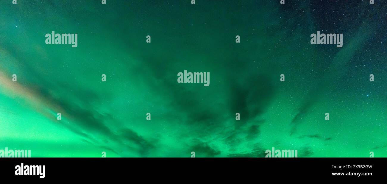Magical green color of Aurora Borealis, Northern lights glowing and ...