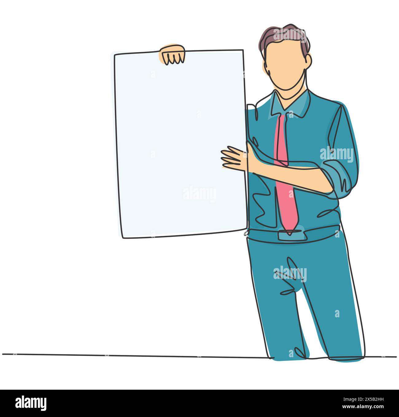 One single line drawing of young presenter holding big screen board to introduce new product of company. New product launch presentation concept conti Stock Vector