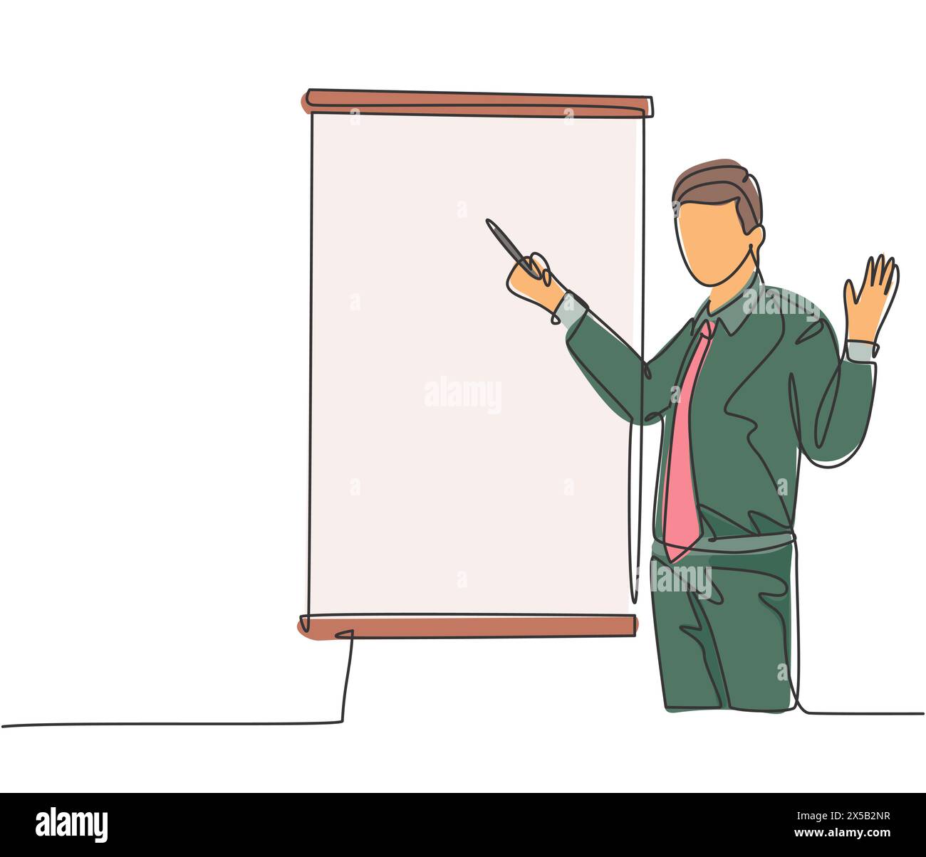 Single continuous line drawing of young business manager giving lecture to apprentice during work meeting. Work presentation at the office concept one Stock Vector