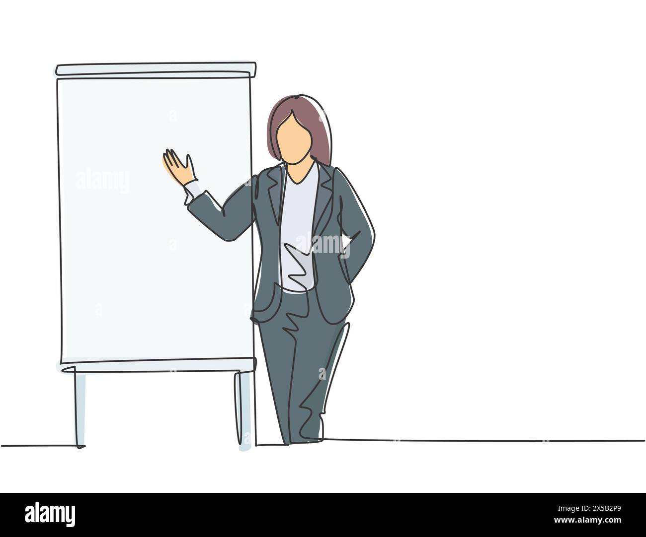One single line drawing of young businesswoman presenting new golden rules of company to the workers. Effective training presentation concept continuo Stock Vector