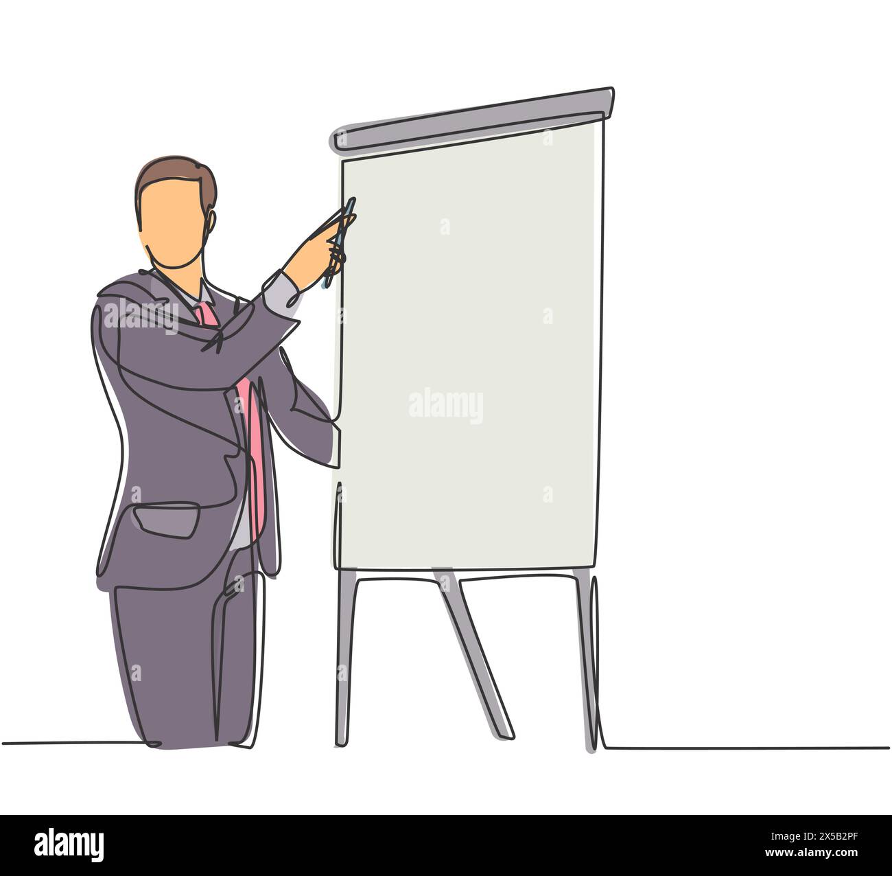 One single line drawing of young happy startup founder presenting business proposal to the investors. Business presentation at the office concept cont Stock Vector