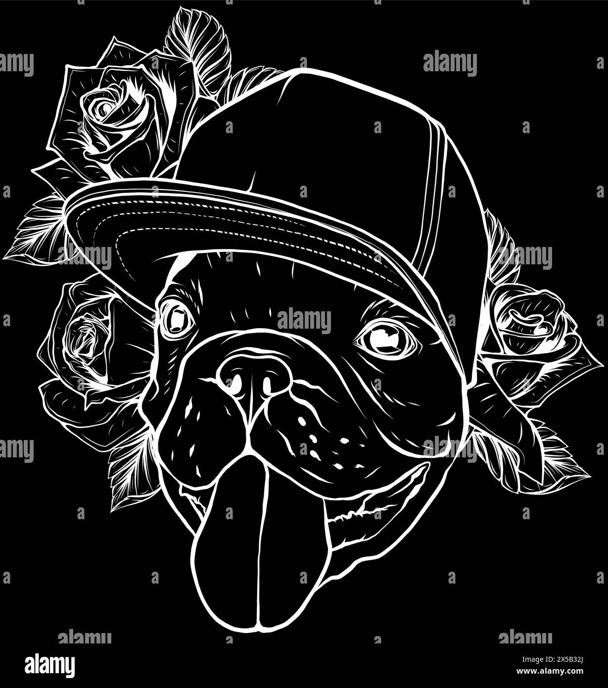 white silhouette of Portrait of a Pug dog in a Rose flower head wreath on black background. Vector illustration. Stock Vector