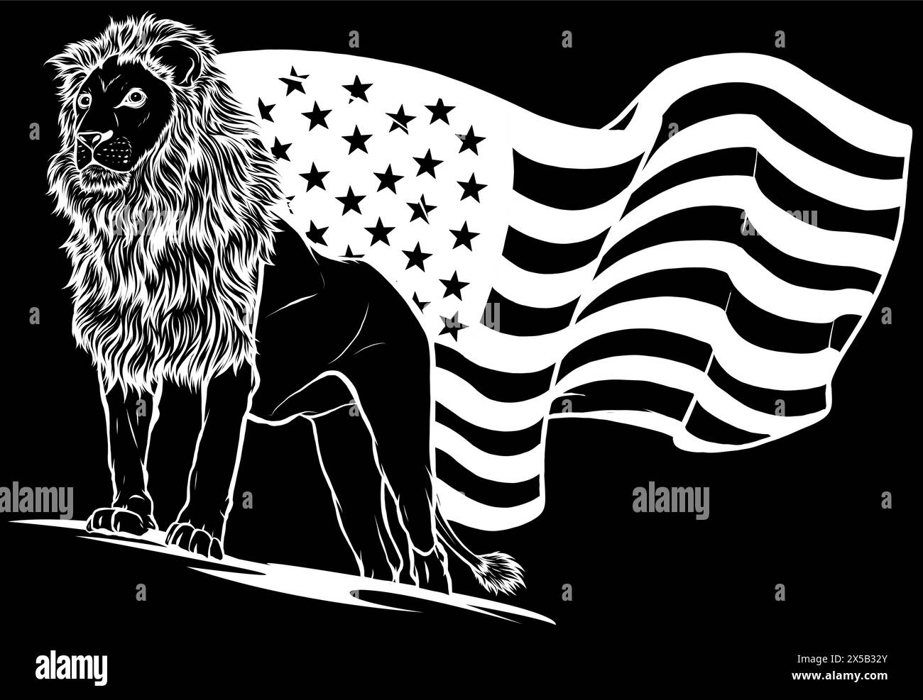 white silhouette of lion face vector with a usa flag face on black background Stock Vector