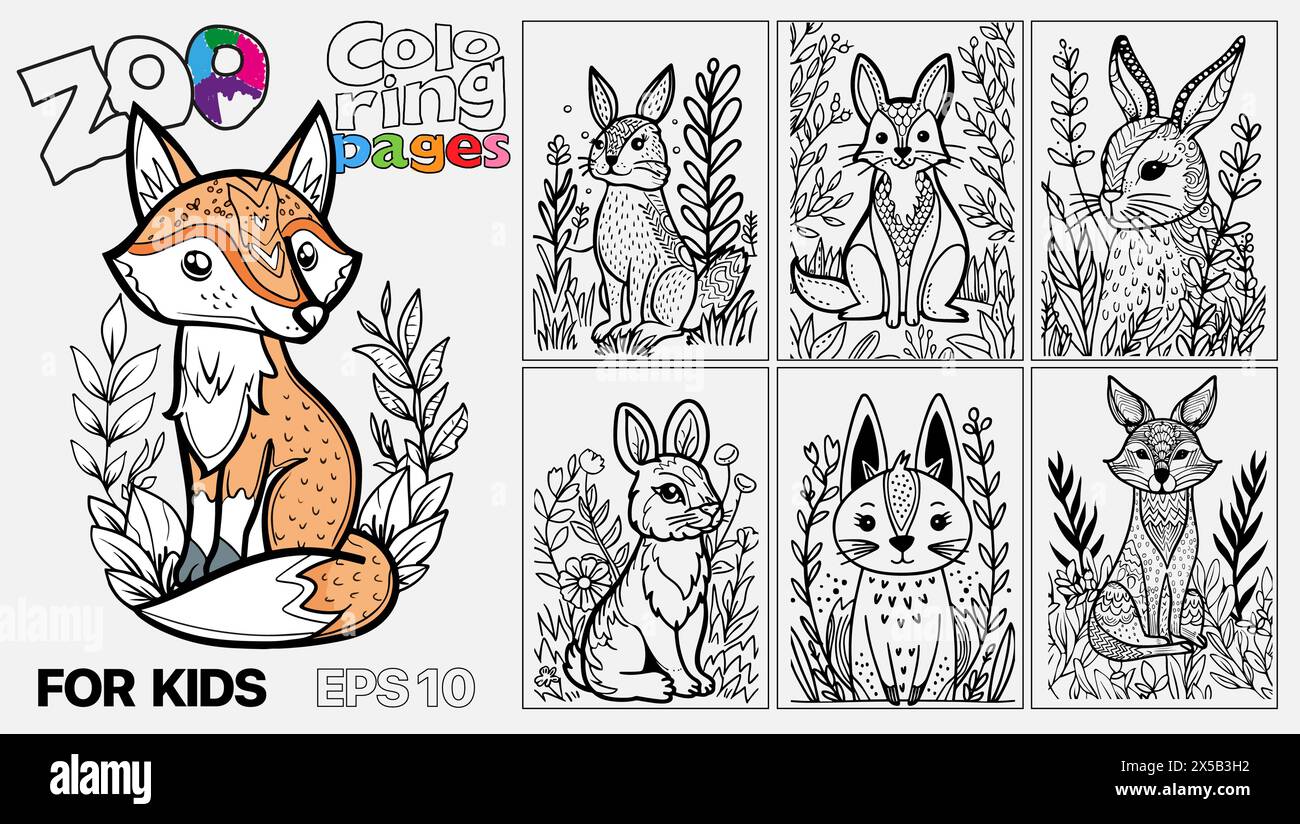 A set of six cat coloring pages for kids. The pages feature different ...