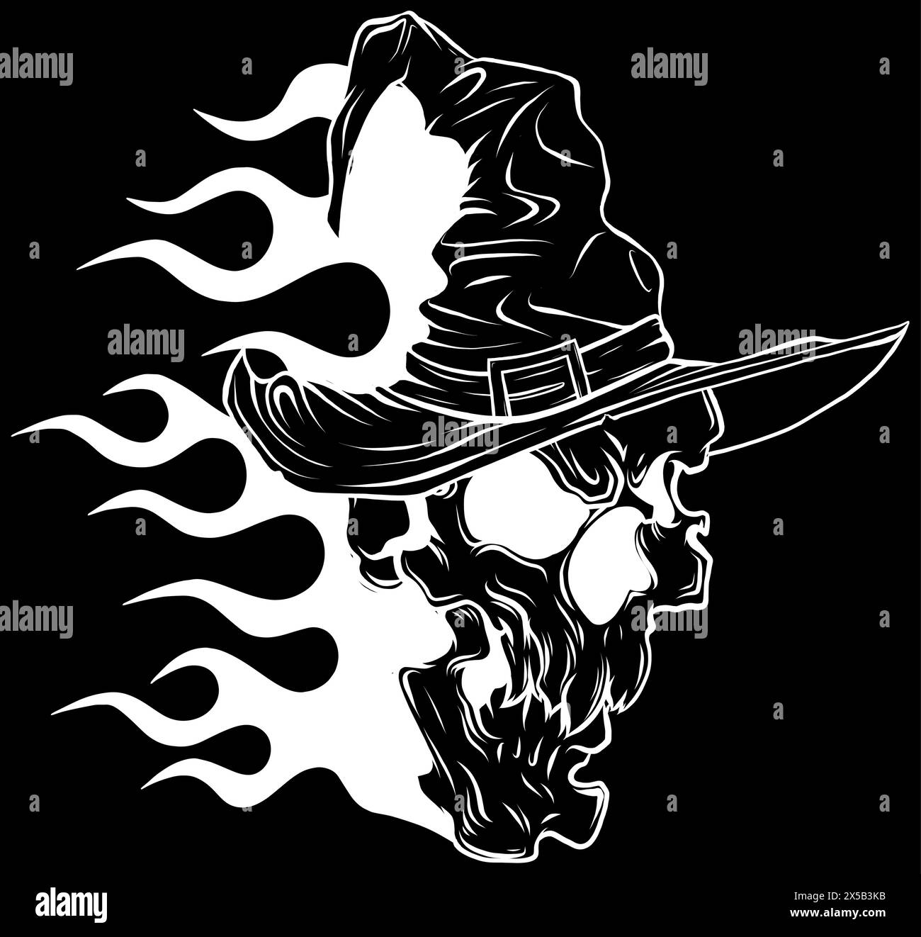 white silhouette of Skull. Wizard s skull with flames vector ...