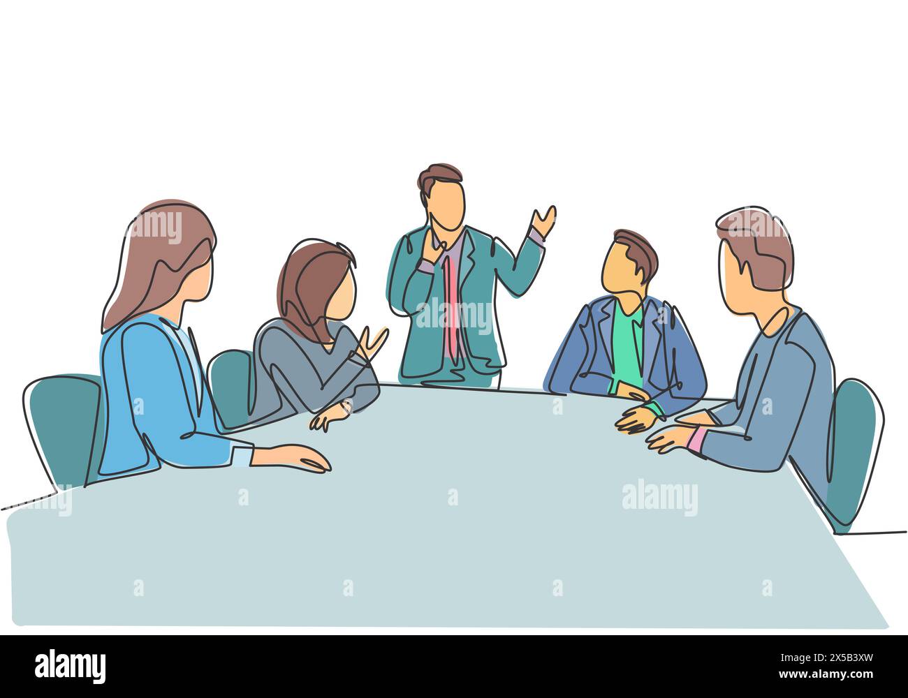 One continuous line drawing of young happy board of directors discussing company profit sharing during meeting. Business training concept. Trendy sing Stock Vector