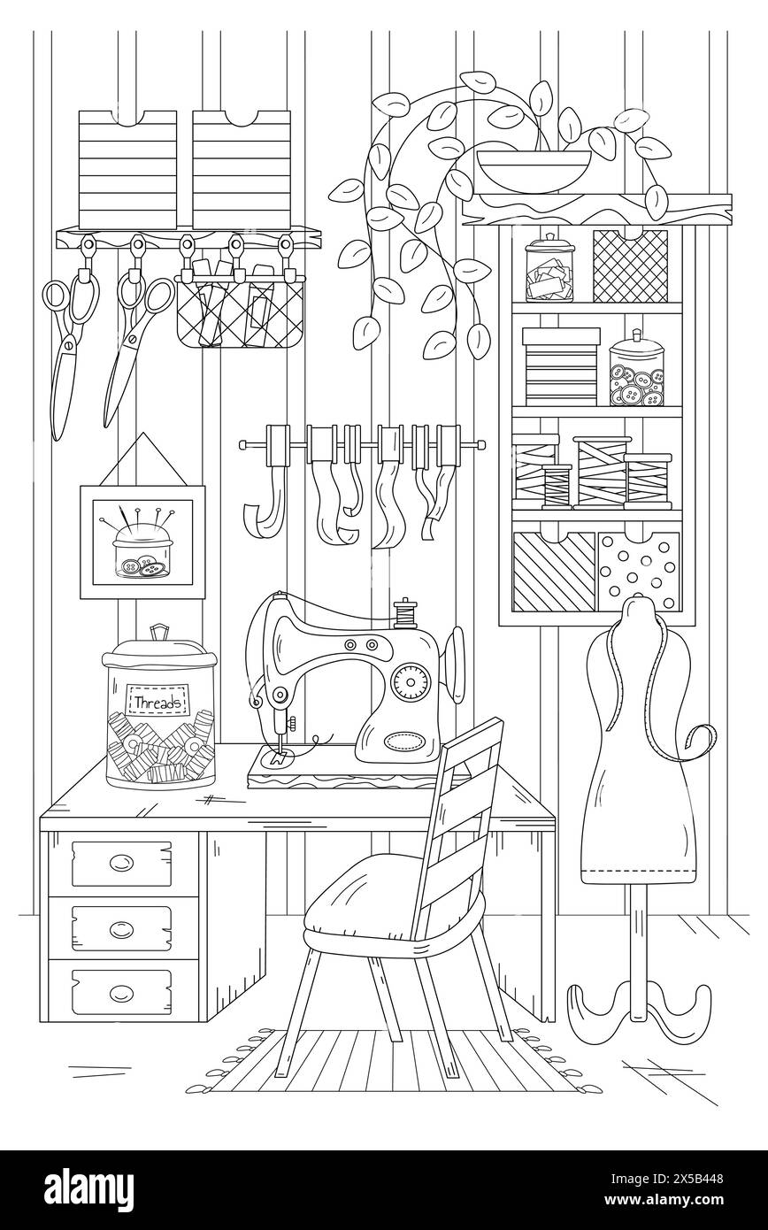 Coloring Page. A Sewing Workshop Coloring Book For Adults And Children