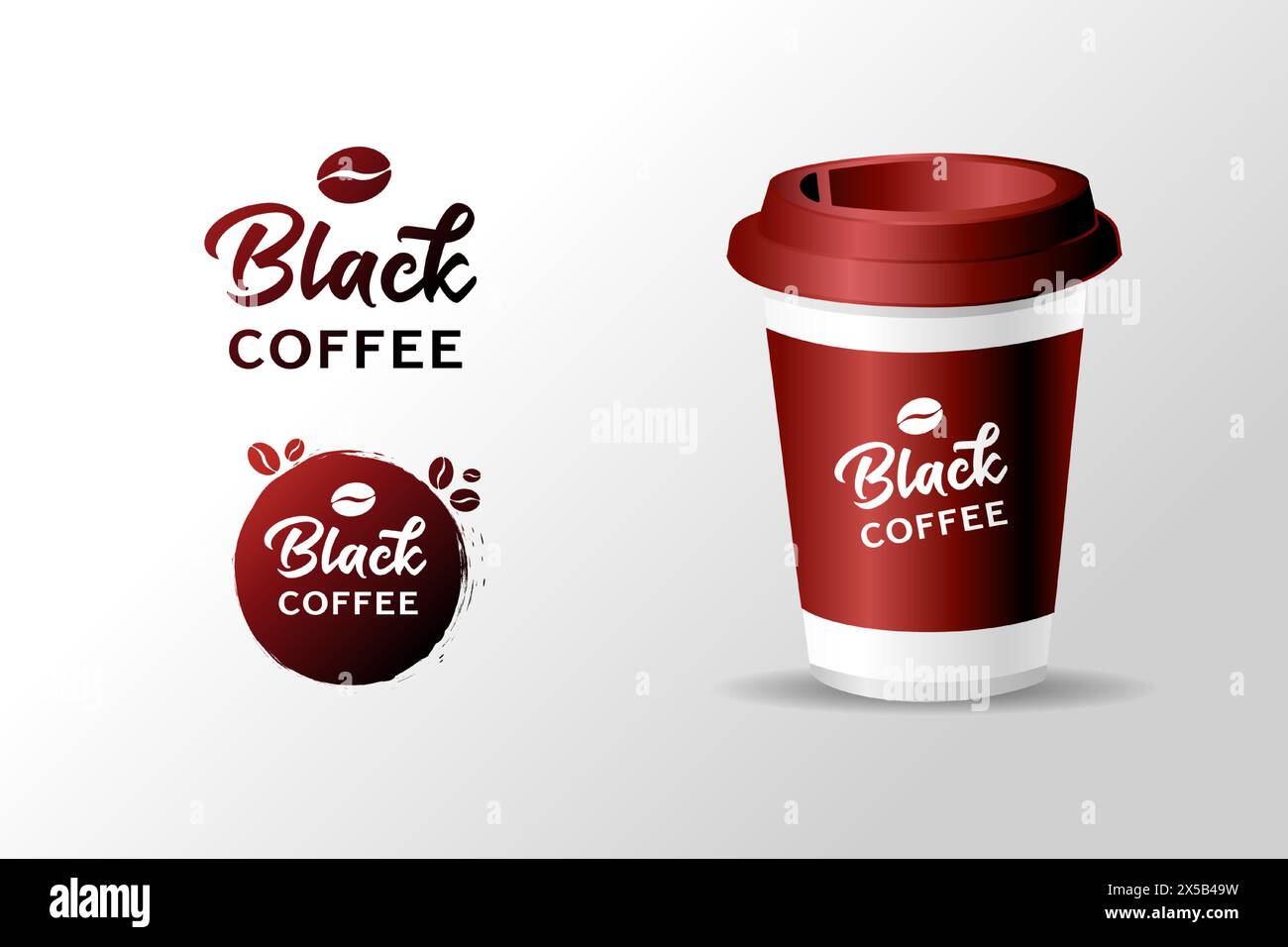 Black Coffee creative logo concept with 3d coffee cup. Realistic blank mock up paper cup with plastic lid, coffee to go take out mug. Vector Stock Vector