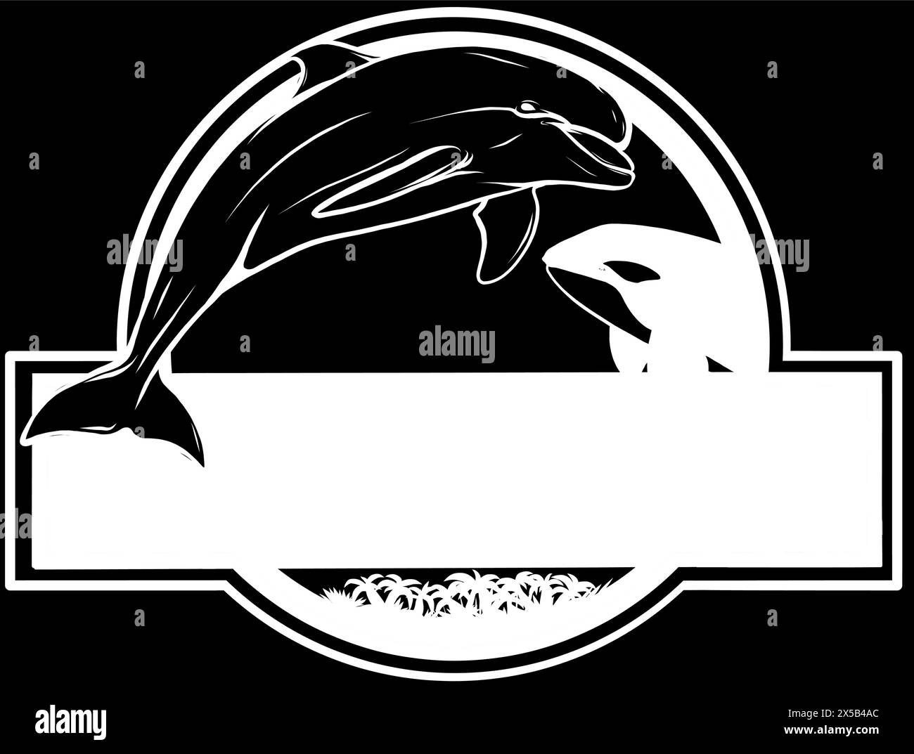 white silhouette of dolphin swimming in the sea on black background Stock Vector