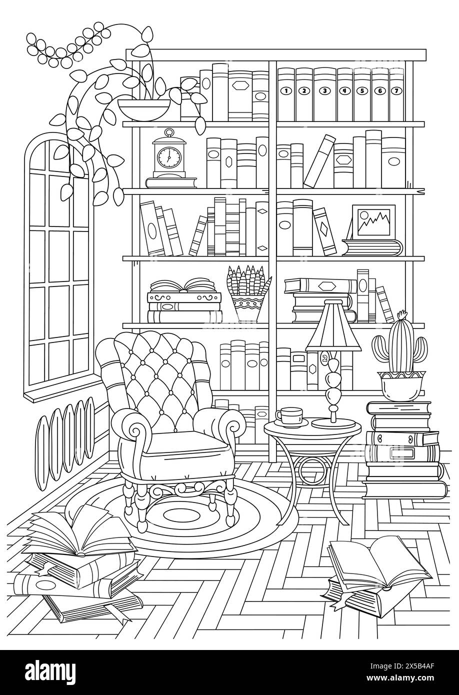 Coloring Book For Adults And Children. Home Library. Stock Vector