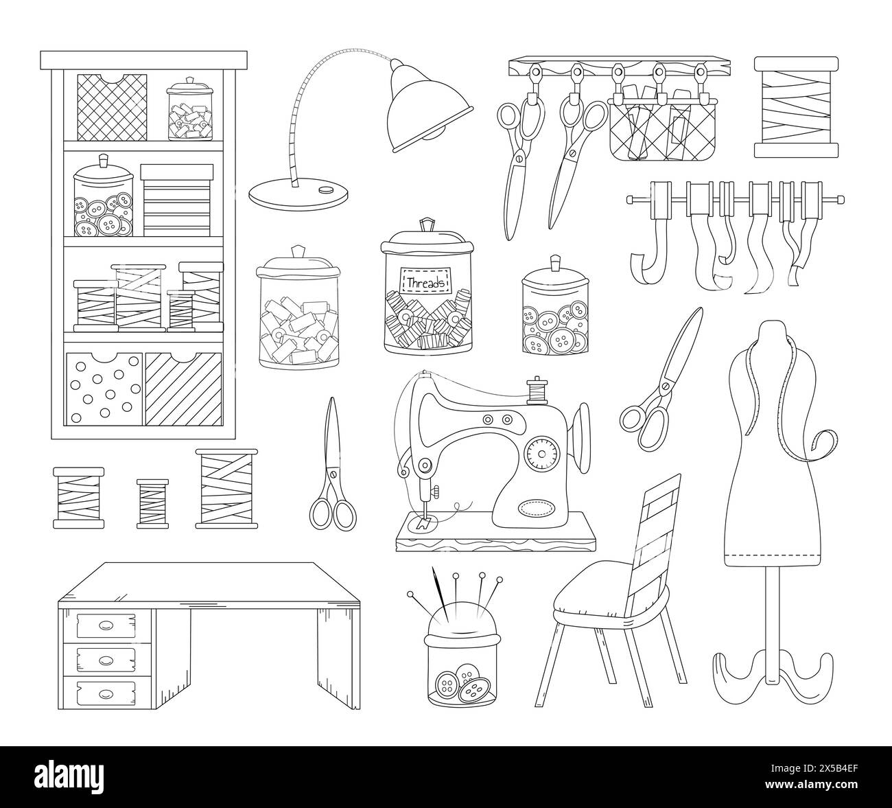 Coloring Page Set Of Sewing Items Is A Coloring Book For Adults And Children Stock Vector