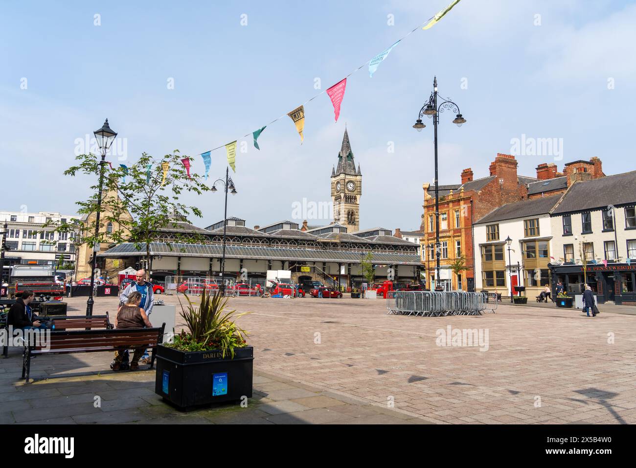 A view of Darlington, UK town centre including the clock tower and ...