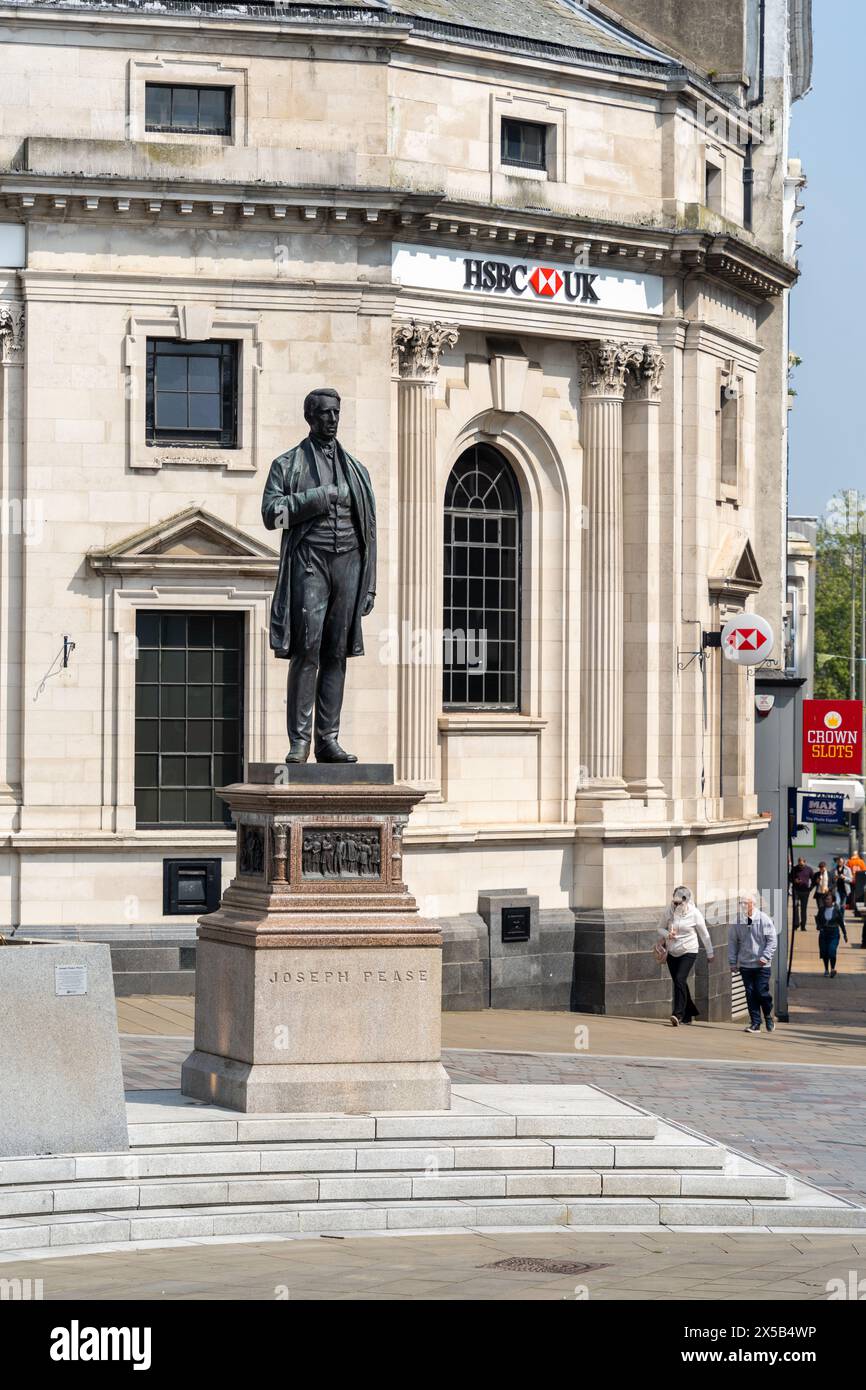 Statue of Joseph Pease, the first UK Quaker MP, a landmark on High Row in the town centre of Darlington, UK Stock Photo