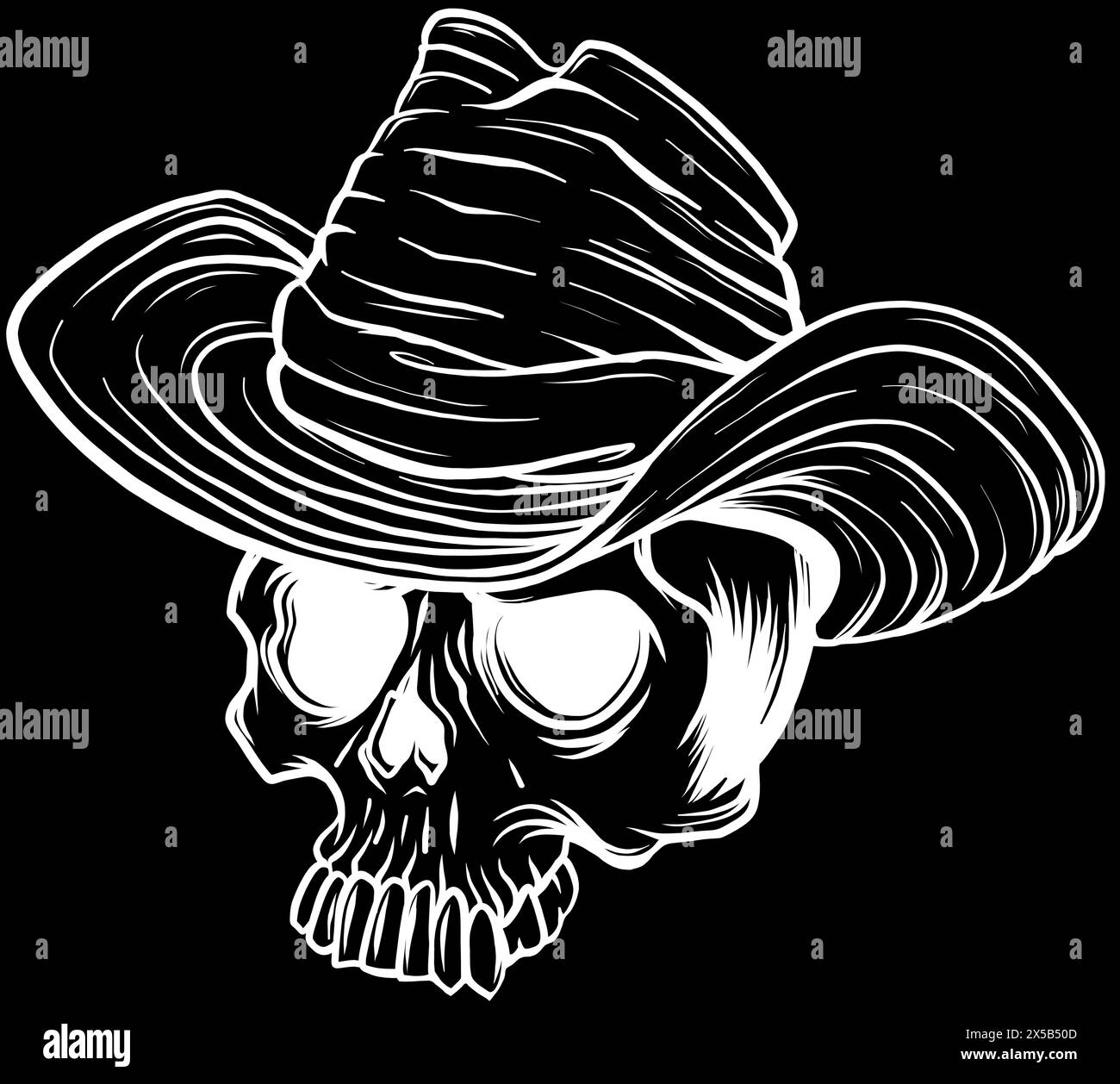 white silhouette of Cowboy skull on black background Stock Vector