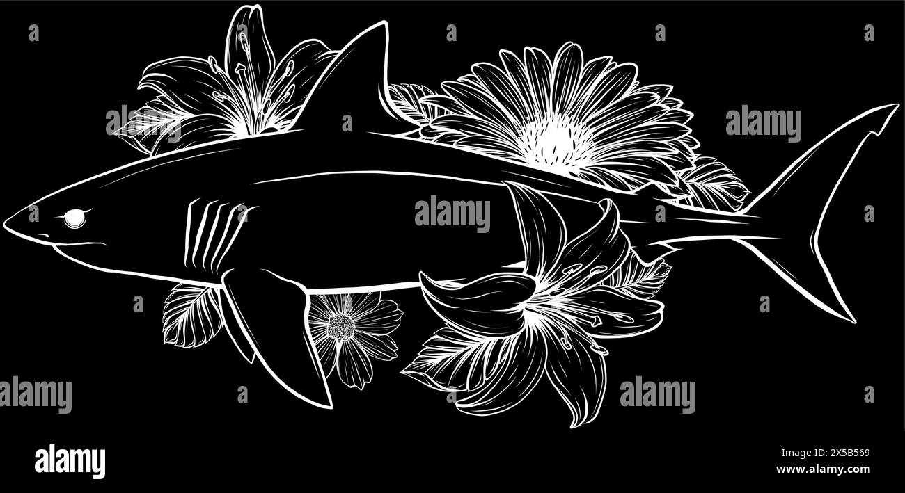 white silhouette of shark outline with flowers and leaves on black background Stock Vector