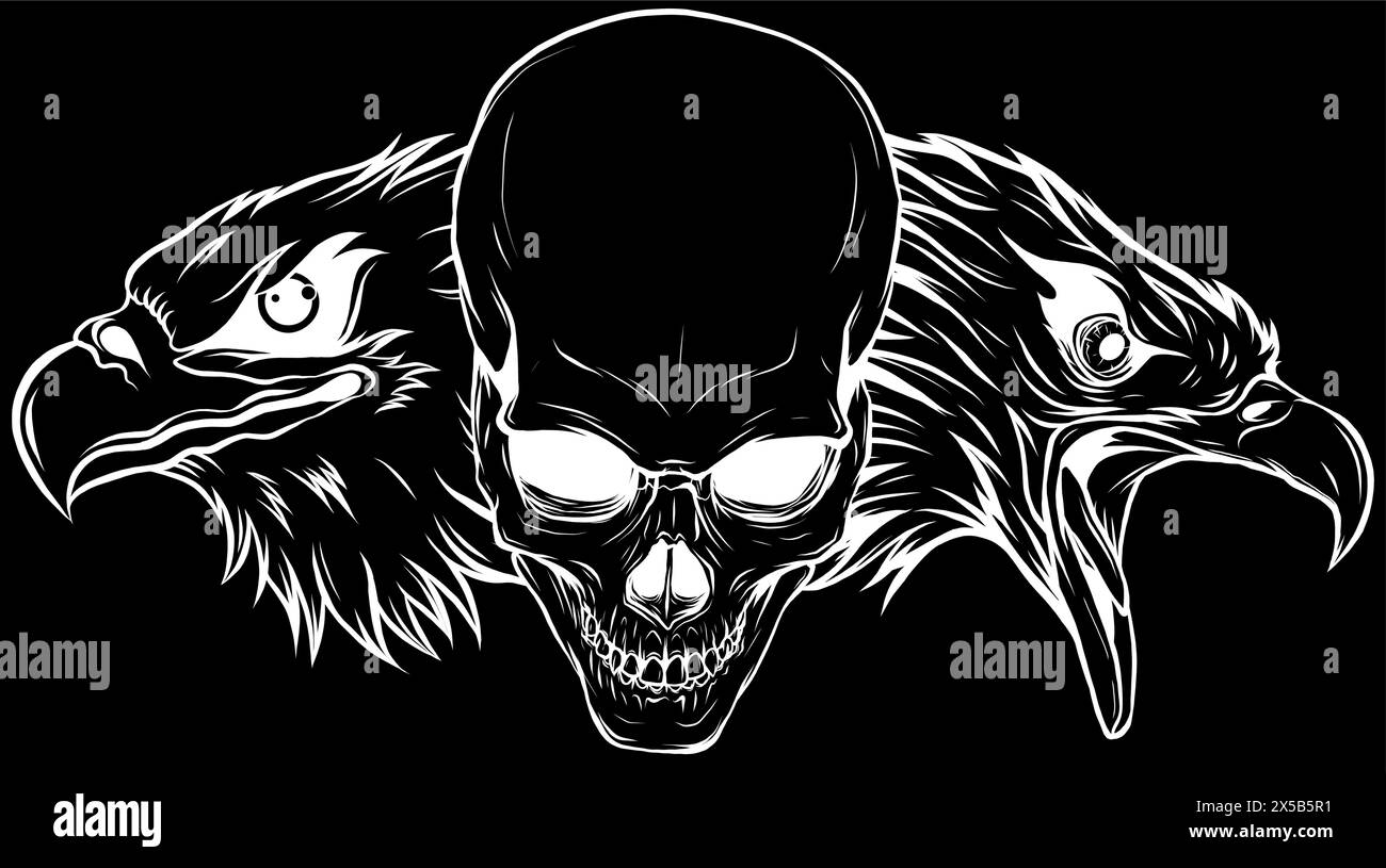 white silhouette of skull with eagle head on black background vector illustration design Stock Vector
