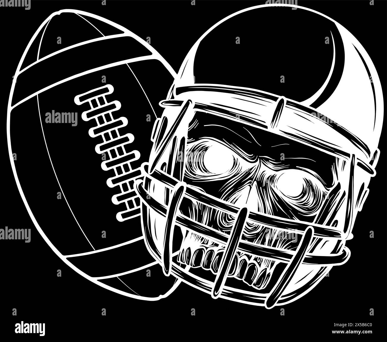 white silhouette of helmet football skull with ball vector design on black background Stock Vector