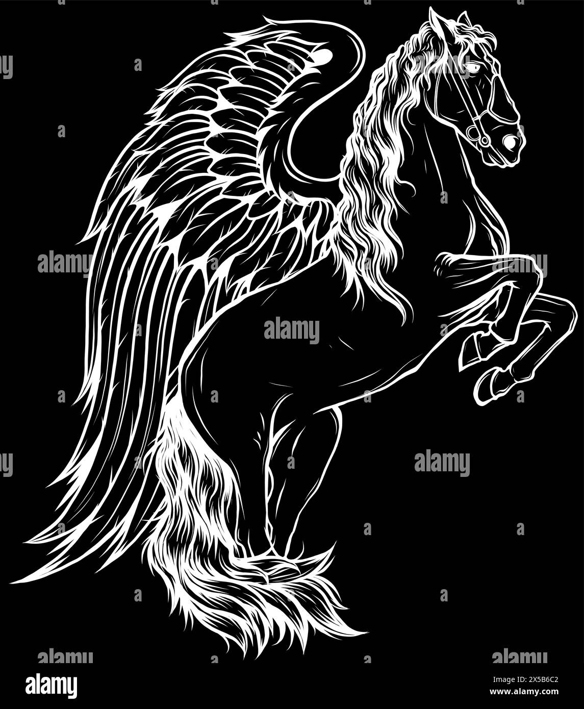 white silhouette of flying horse wings on black background illustration mascot vector logo design Stock Vector