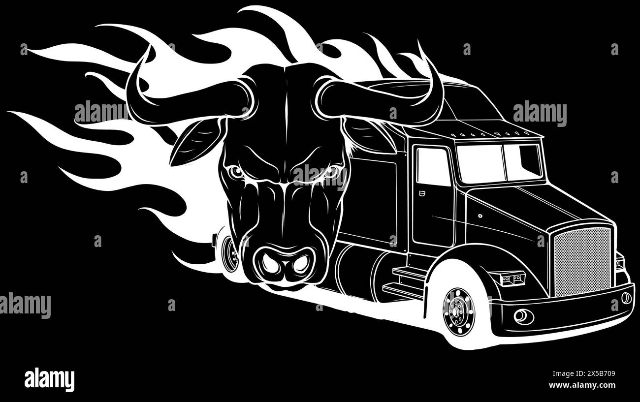 white silhouette of american truck with bull and flames on black background vector illustration design Stock Vector