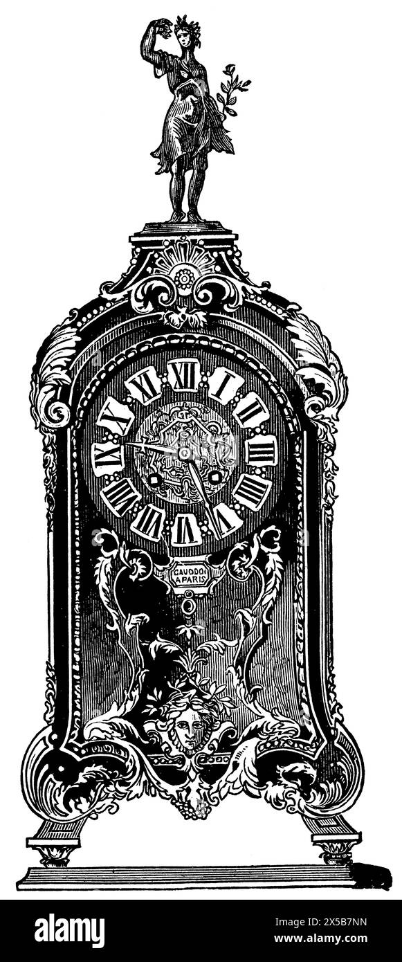 Ancient Bronze Art. Grandfather clock. Publication of the book 'Meyers Konversations-Lexikon', Volume 7, Leipzig, Germany, 1910 Stock Photo