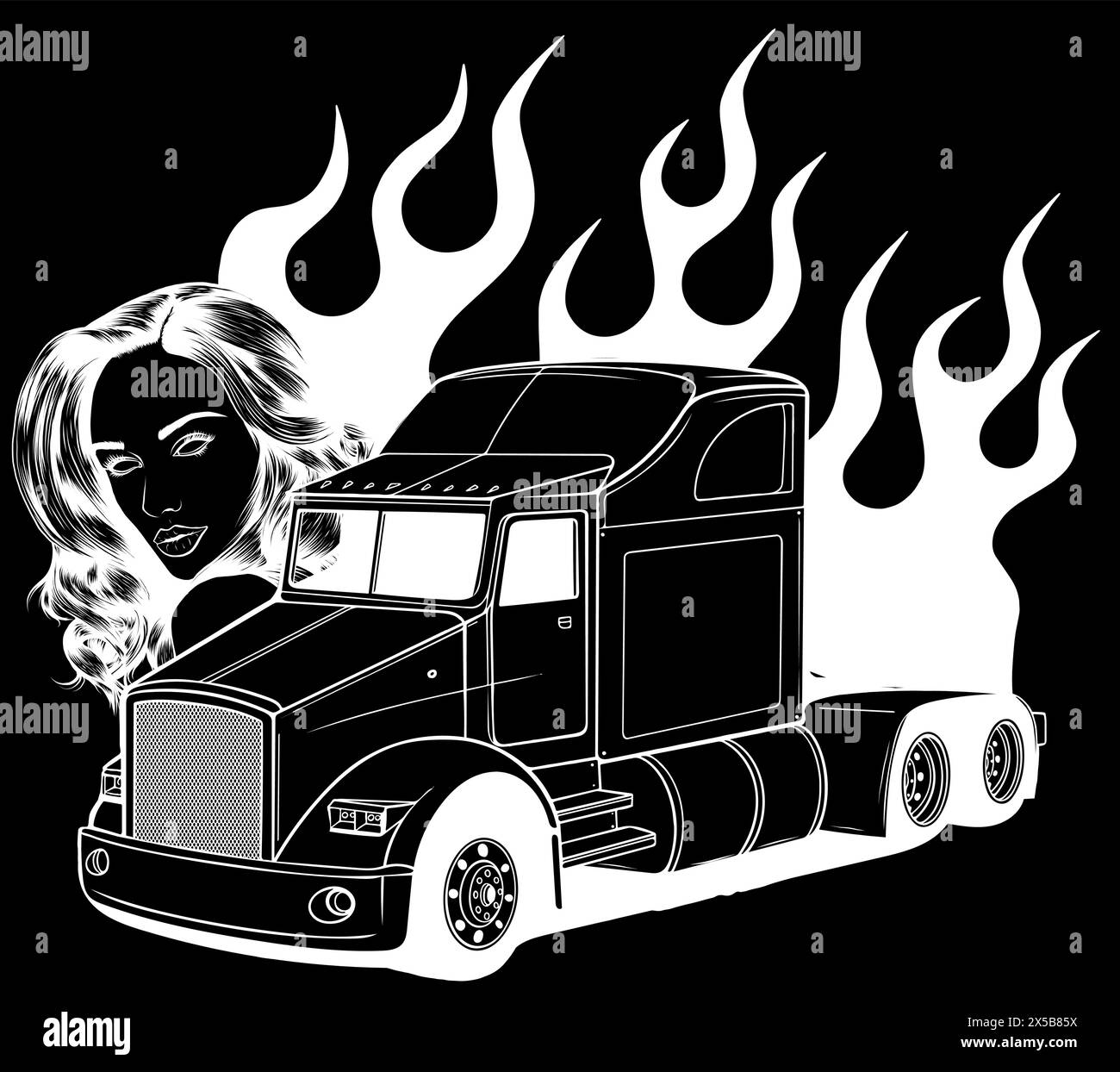 white silhouette of truck vector illustration burn with woman head on black background. digital hand draw Stock Vector
