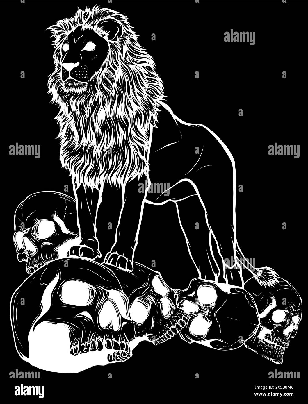 white silhouette of lion on mountain skull digital hand draw on black background Stock Vector