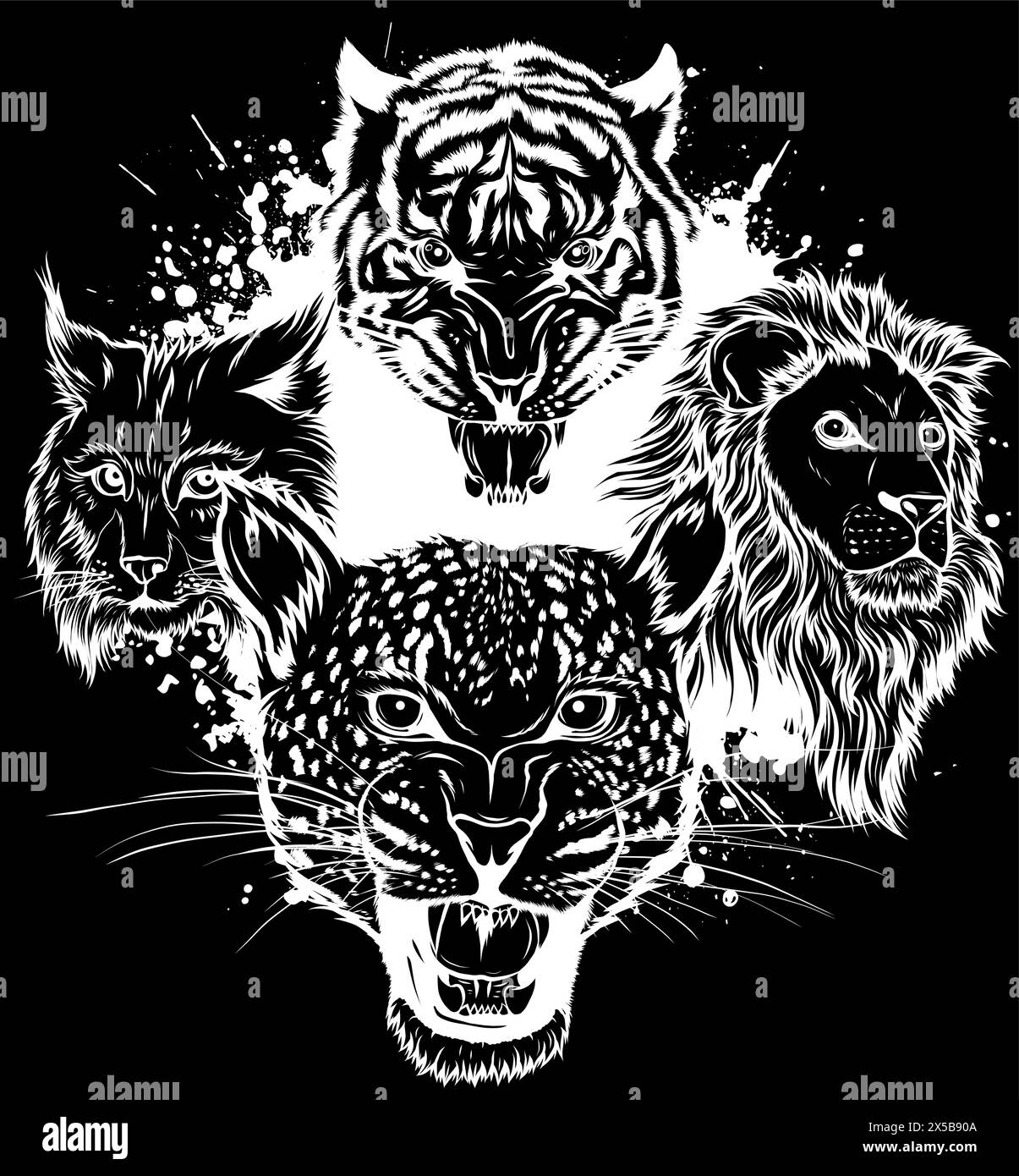 white silhouette of big cats vector set. Illustration of cougar, jaguar, leopard, lion, tiger, cheetah, snow leopard. Stock Vector
