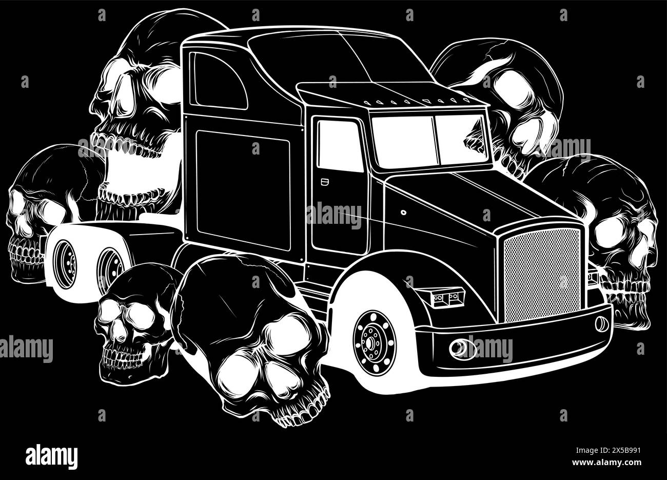 white silhouette of American Truck with skulls around vector illustration on black background digital hand draw Stock Vector