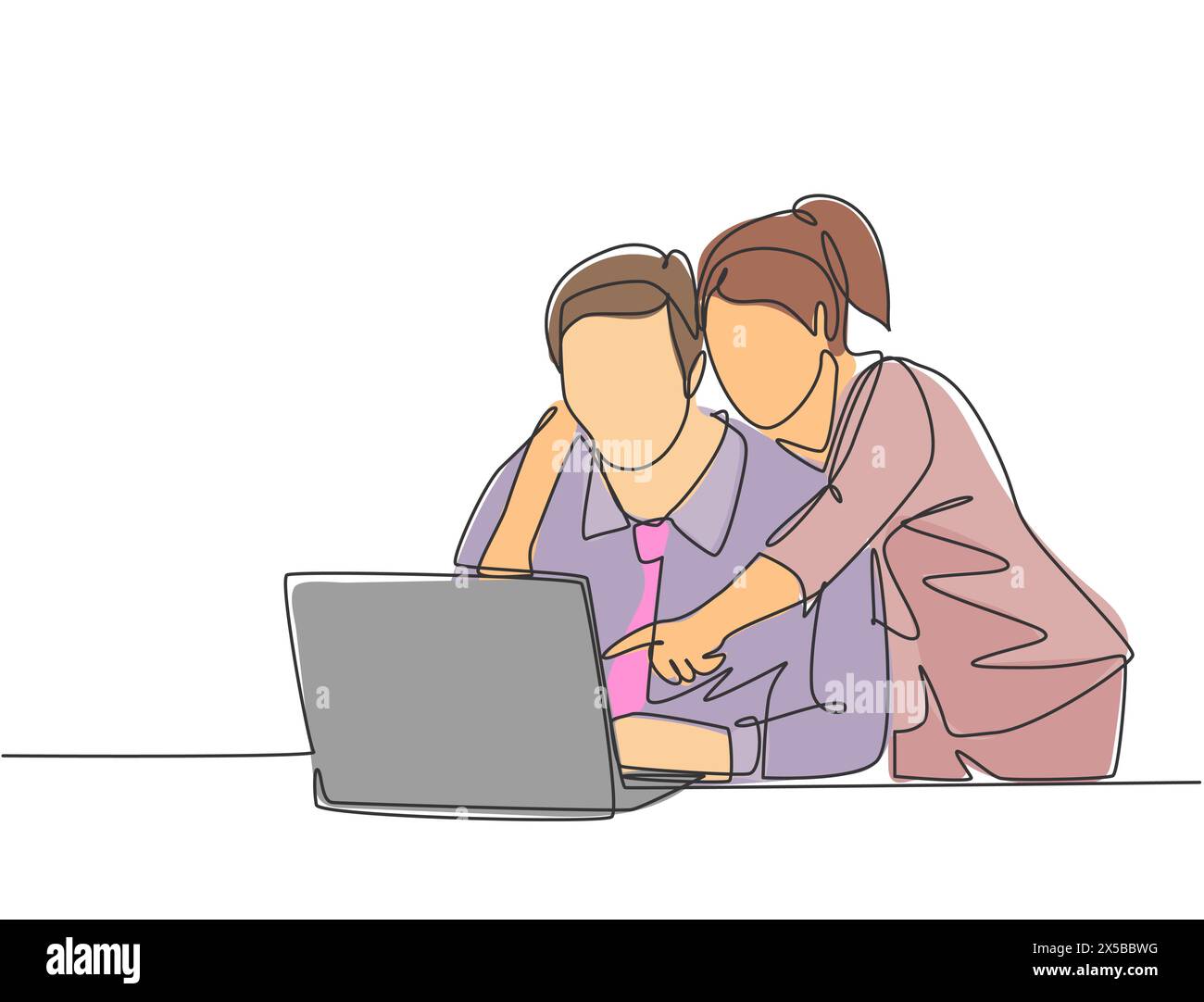 One single line drawing of young happy couple embracing and hugging romantic in front of computer discussing business. Couple lover worker concept con Stock Vector