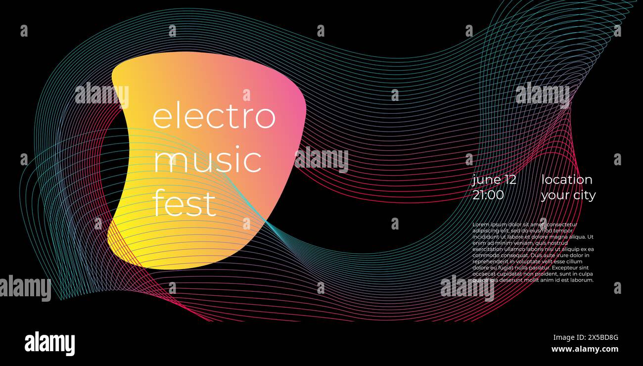 Electronic music festival horizontal banner with colorful abstract linear gradient and liquid wave shape. Futuristic electro sound fest club party flyer design template. Digital creative cover. Eps Stock Vector
