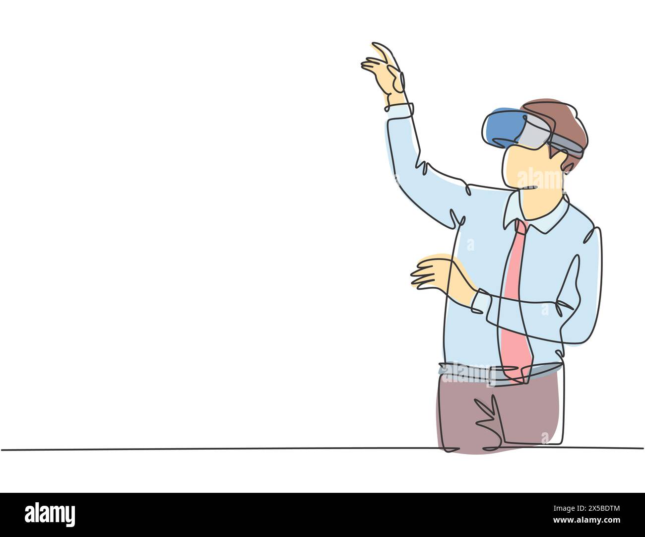 One continuous line drawing of young happy businessman pretending to touch button while wearing virtual reality helmet. Modern futuristic video game c Stock Vector