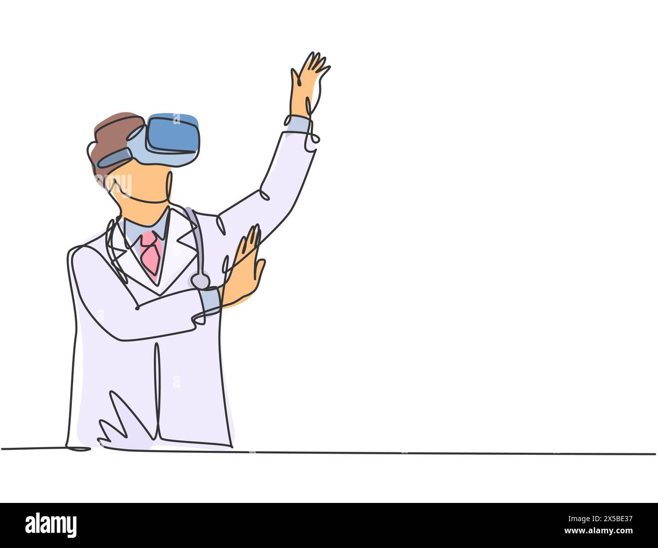 One continuous line drawing of young manager pointing finger at top hill while playing virtual reality simulation. Modern futuristic video game concep Stock Vector