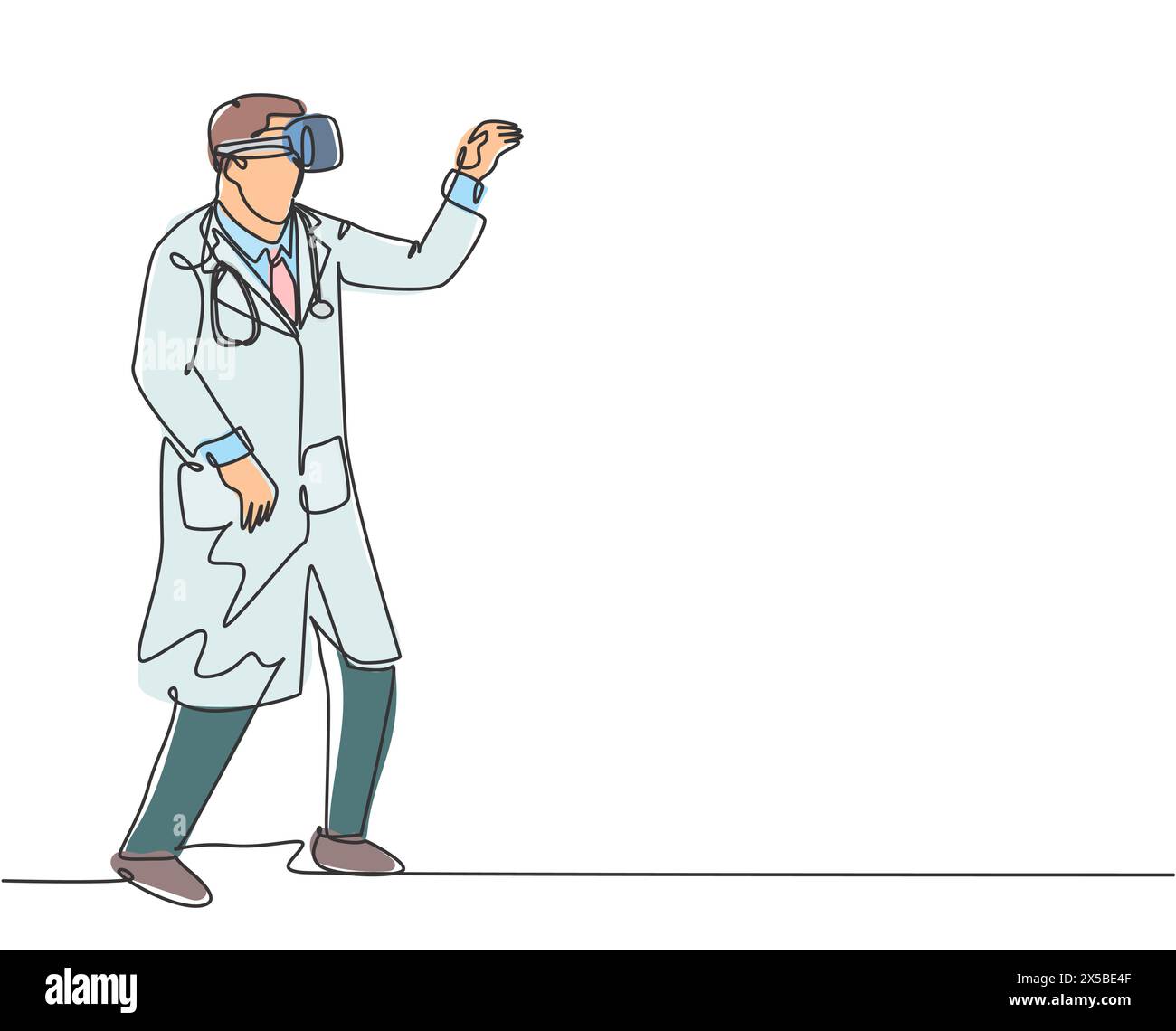Single continuous line drawing of young happy male doctor ready to catch something while playing business simulation game. Virtual reality game player Stock Vector