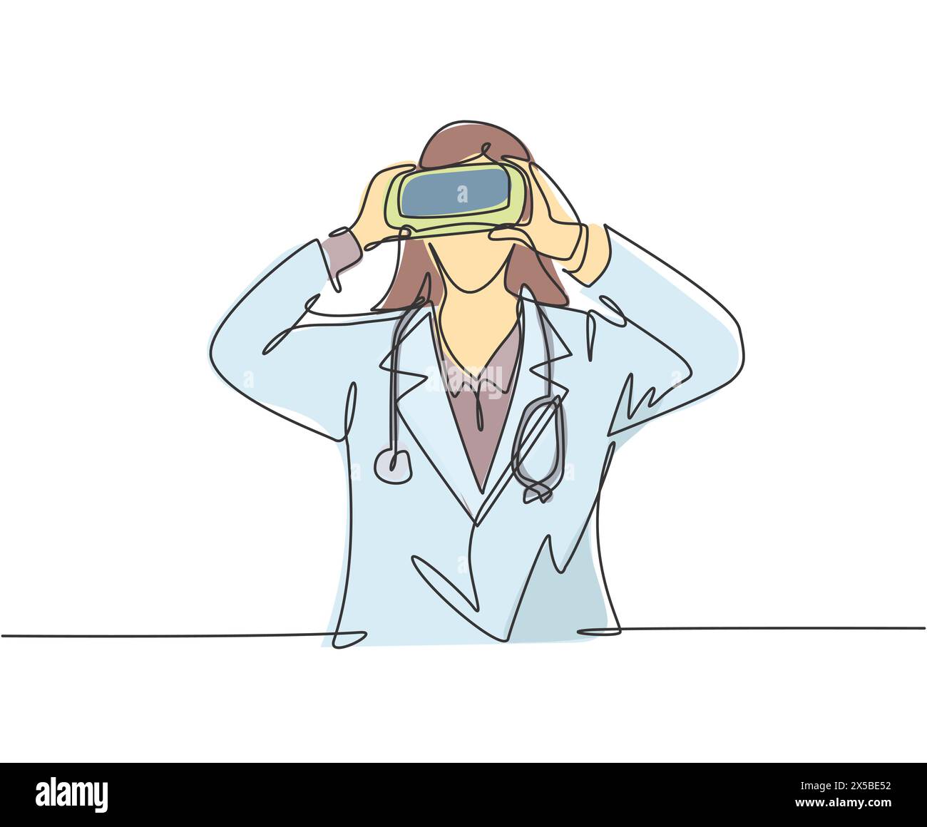 One single line drawing of young happy female doctor looking digital visual data using virtual reality goggles. Smart technology game player concept c Stock Vector