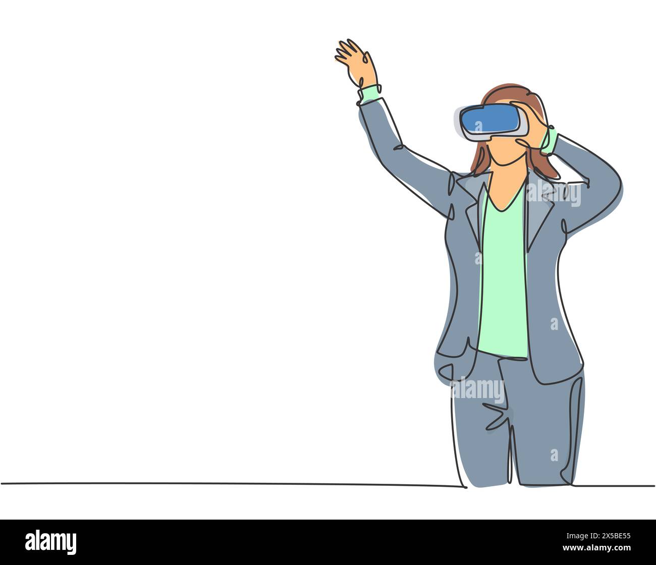 One single line drawing of young happy gamer businesswoman wearing virtual reality glasses and pointing finger. Smart technology futuristic game playe Stock Vector